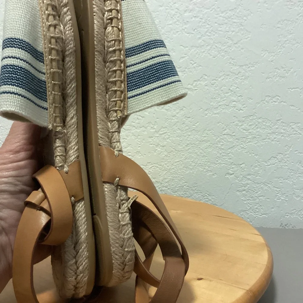 Tory Burch Striped Canvas‎ Espadrille Sandals Blue Cream Leather Ankle Strap 8